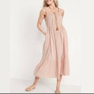 Old Navy S Pink Peach Tan Gingham Midi Dress w/ Embroidered Straps